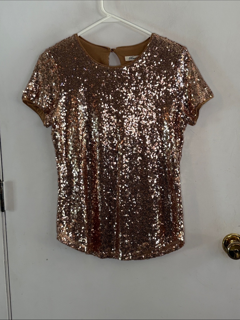 Rosette copper sequin short sleeve knit top mesh overlay Size Small